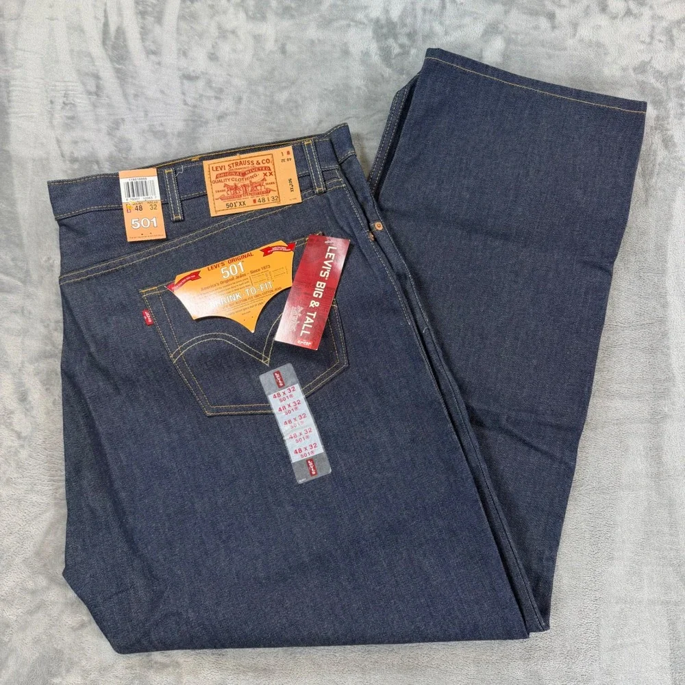 New Levi's 501XX Original Shrink-to-Fit Jeans Men's 48x32 Dark Blue Button Fly